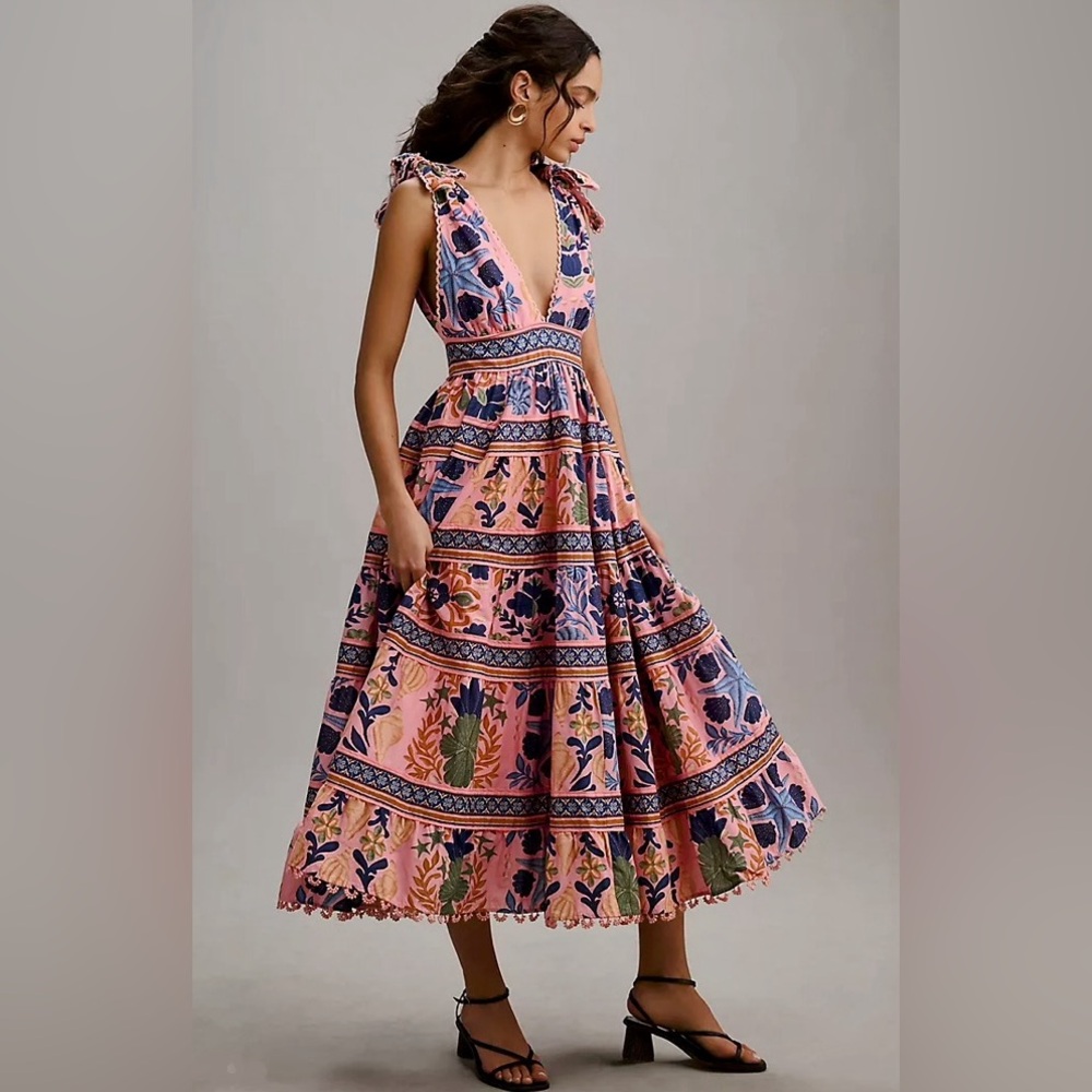 FARM Rio Pink Floral & Blue Patterned Midi Dress